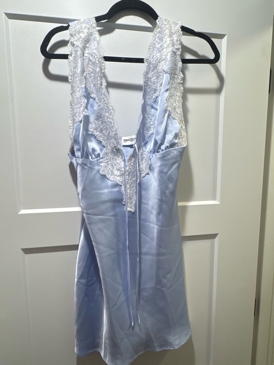 Princess Polly Dresses & Skirts - Princess Polly Light Blue Satin Mini Dress with White Lace Trim